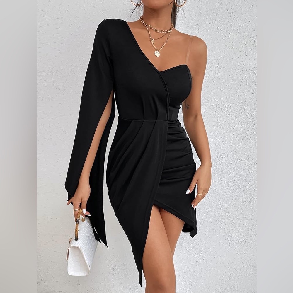 SHEIN Black One Shoulder Asymmetrical Wrap Mini Dress Slit Sleeve Bodycon Size L